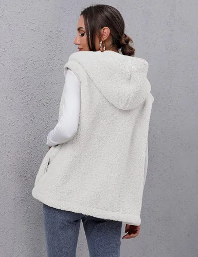 Vista 6 de TFSDOD Chaleco de forro polar sherpa mullido para mujer, acogedor, sin mangas, con bolsillo, chaleco con capucha para mujer, ropa exterior