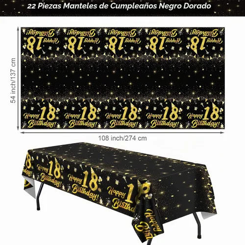 Vista 2 de durony Paquete de 2 manteles de cumpleaños de 18 años, de plástico, color negro y dorado, impermeable, rectangular, para fiestas en interiores