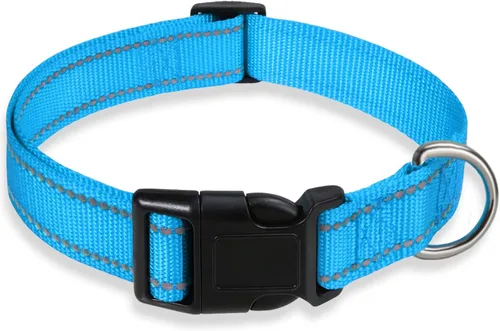 Vista 10 de Collar reflectante para perros con hebilla, collares de nailon ajustables de seguridad para perros pequeños, medianos y grandes, color negro XXS