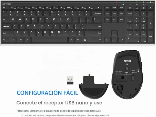 Vista 4 de Arteck Combo de teclado y mouse inalámbricos de 2.4 G, teclado de tamaño completo de acero inoxidable y mouse ergonómico con botones laterales