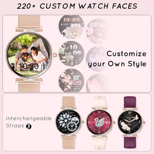 Vista 2 de AMOLED - Reloj inteligente para mujer con pantalla pequeña de 1.19 pulgadas para teléfonos iPhone / Android con llamada Bluetooth, frecuencia