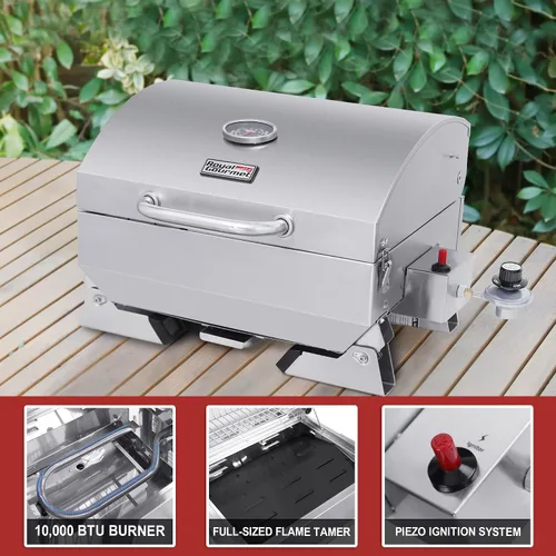 Vista 14 de Royal Gourmet GT1001 Parrilla portátil de acero inoxidable, 10000 BTU Parrilla de gas de mesa para barbacoa con patas plegables y tapa