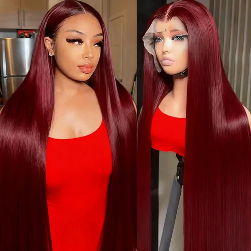 Vista 18 de Pelucas de cabello humano con encaje frontal color borgoña 99J de 13 x 4, pelucas de encaje frontal lacio prearrancado, pelucas de cabello humano