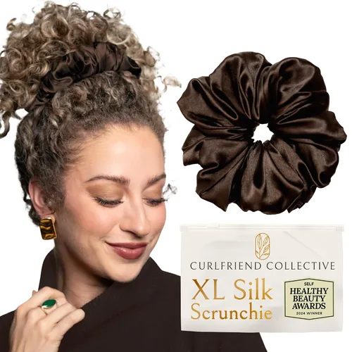 Vista 15 de Coleteros de seda para mujeres con moño – Coleteros de seda de morera extragrandes – Coleteros sin daños extra grandes para cabello rizado, grueso