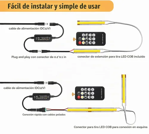 Vista 5 de Kit de tira de luces LED COB de color blanco cálido regulable de 16.4 pies con control remoto RF y fuente de alimentación UL 12V 3000K CRI93+ sin