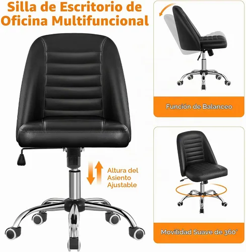 Vista 4 de Yaheetech - Silla de escritorio de piel sintética negra sin brazos, giratoria ajustable