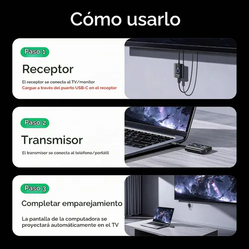 Vista 5 de Transmisor y receptor HDMI inalámbrico USB C, 165 FT/50M Plug & Play Portátil 5G+2.4G Extensor 4K Decodificación Entrada 1080P@60Hz Salida