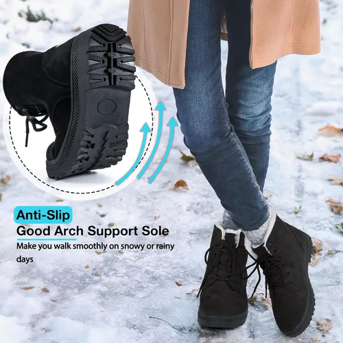 Vista 4 de HARENCE Botas de nieve de invierno para mujer botines con forro de piel cálida con cordones para caminar al aire libre botas para mujer