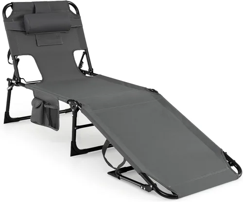 Vista 17 de Tangkula Silla de Bronceado con Orificio para la Cara, Silla Reclinable Plegable y Ajustable para Patio, Playa, Tomar el Sol con Bolsillo Lateral