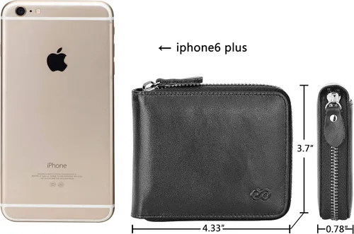 Vista 4 de ee Cartera de cuero con cremallera para hombre, con bloqueo RFID, con cremallera alrededor de la cartera, plegable, con múltiples tarjeteros, Negro
