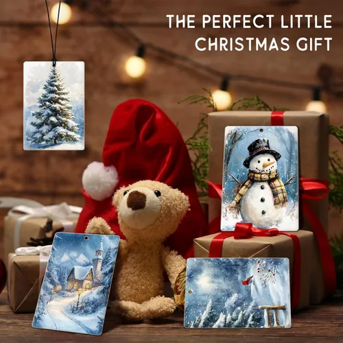 Vista 6 de Ambientador de coche de Navidad, 4 unidades, accesorios de automóvil de muñeco de nieve de Navidad azul para mujeres, ambientador colgante de granja