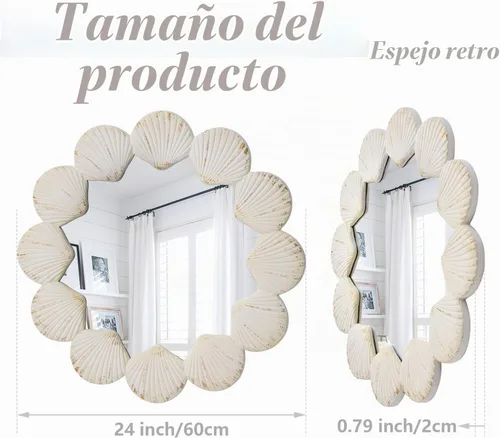 Vista 2 de Espejo de pared redondo, 24 pulgadas, festoneado ondulado para baño