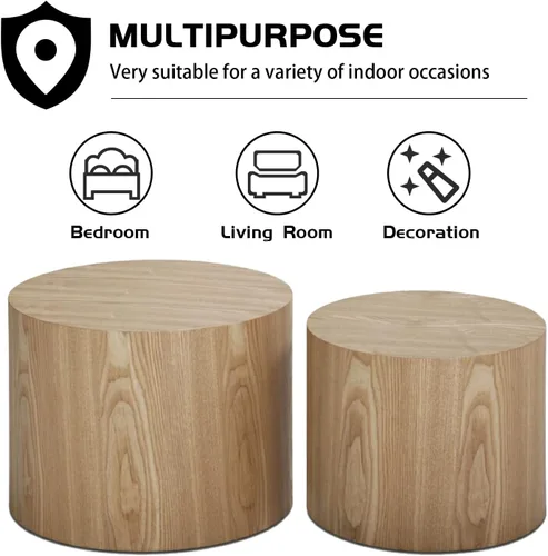 Vista 7 de JUSTONE Juego de mesa auxiliar anidable de 2 piezas, mesas redondas de madera de roble moderno para sala de estar para dormitorio y oficina en casa