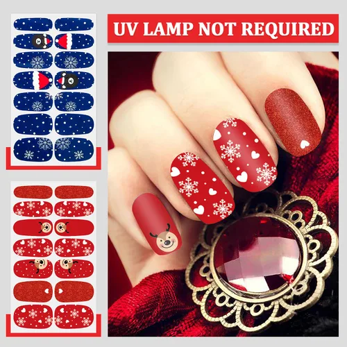 Vista 2 de 20 hojas de calcomanías de esmalte de uñas de Navidad, envolturas completas para mujeres, tiras de gel autoadhesivas de manicura con lima de uñas