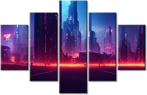 Vista 238 de Cuadros de 5 paneles de Cyberpunk City, arte de pared, representación de vallas publicitarias, edificios modernos en la capital con obras de arte