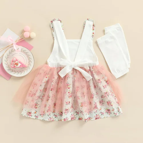 Vista 7 de Conjunto de vestido de Pascua para bebé y niña, diseño de conejito halter, de malla, calentadores de piernas