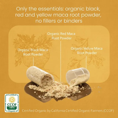 Vista 3 de Cápsulas veganas de maca orgánicas negro, rojo, amarillo, 0,003 oz por cápsula, 150 cápsulas, 100 % puro y natural sin OMG, energizante natural