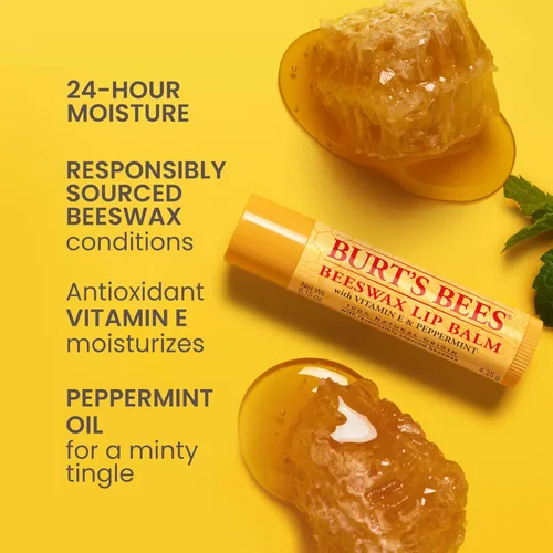Vista 2 de Burt's Bees - Bálsamo labial hidratante 100% natural, de cera de abejas original con vitamina E y aceite de menta - 4 tubos