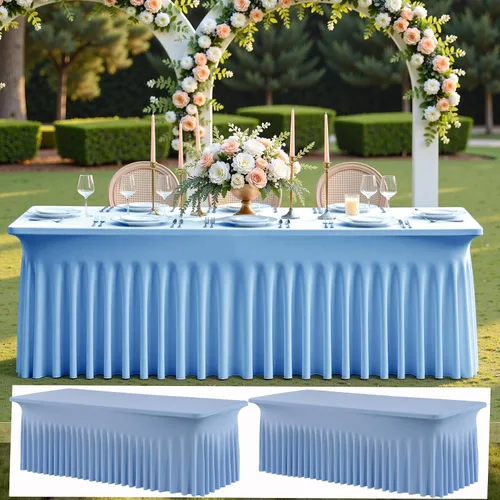 Vista 38 de Paquete de 2 manteles de elastano azul bebé de 6 pies con falda de mesa con volantes, manteles ajustables elásticos sin arrugas para mesas