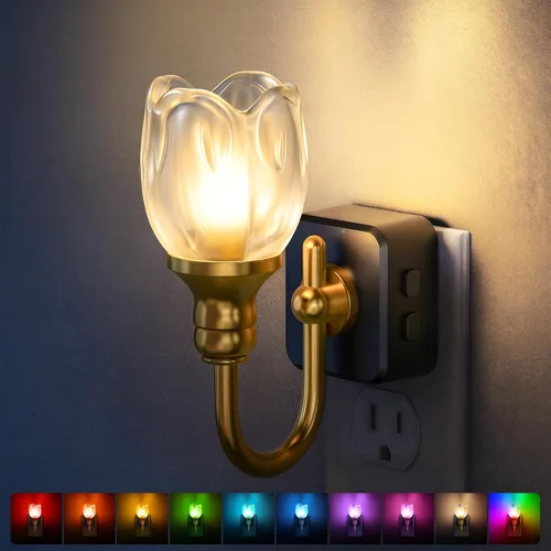 Vista 12 de DORESshop Luz nocturna LED, luces nocturnas giratorias que se enchufan a la pared con sensor de luz automática de 3000 K luz nocturna con brillo