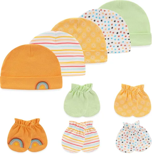 Vista 9 de MAMIMAKA Conjunto de gorro y manoplas para bebé recién nacido, gorras para bebés, niños y niñas de 0 a 6 meses, 100% algodón Oso/Marrón/Beige Hpgm34