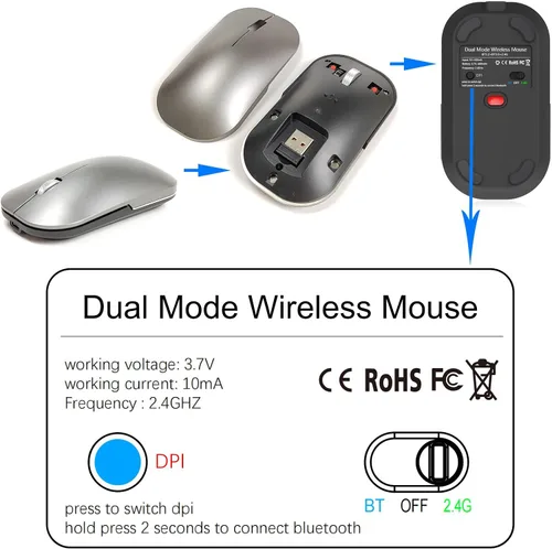 Vista 8 de Ratón inalámbrico Bluetooth para MacBook/Windows/Android Tablet/iPad/Mac/Laptop/PC/Computadora, modo dual recargable (BT5.2 y 3.0 y 2.4G USB) Ratón