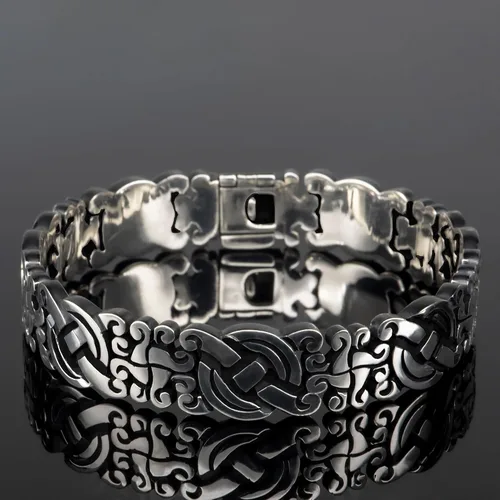 Vista 2 de LUXIUM Pulsera Maya hecha a mano de plata de ley 925 maciza con un acabado ennegrecido y pulido