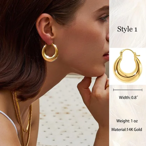 Vista 53 de Aretes de aro gruesos de oro para mujer, chapados en oro de 14 quilates, aretes de aro triple, hipoalergénicos, a la moda, aretes de aro gruesos