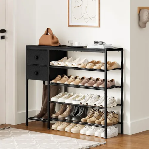 Vista 2 de Zapatero de 5 niveles con 2 cajones de tela, organizador de zapatos con estructura metálica y tablero de madera para 16-20 pares de zapatos, estante