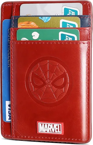 Vista 3 de NARYM Cartera de cuero genuino con personaje del Capitán América, delgada y minimalista de cuero frontal con bloqueo RFID para hombres y mujeres
