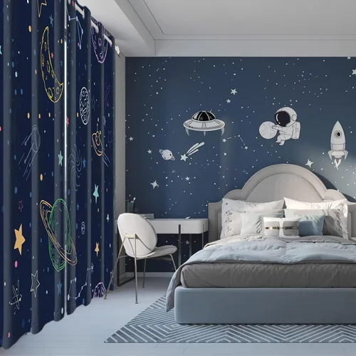 Vista 2 de Cortinas opacas de color azul marino para dormitorio de 84 pulgadas de largo con diseño de universo de dibujos animados, planeta, sala de estar