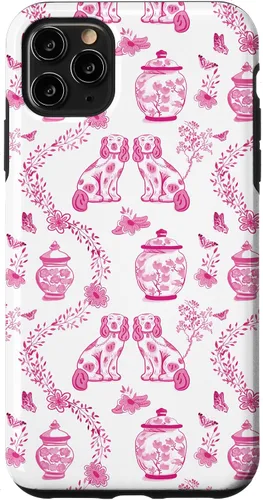 Vista 13 de Preppy - Carcasa para iPhone 16, diseño de perros y tarros de jengibre, color rosa y blanco