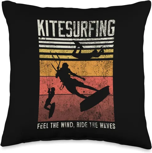 Vista 4 de Summer Kitesurf Apparel For Kitesurfers Distressed Kitesurfing Feel The Wind, Ride The Waves Throw Pillow, 18x18, Multicolor
