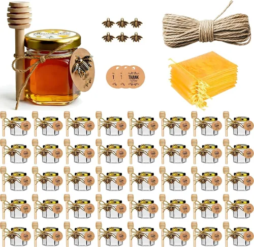 Vista 9 de Mini tarros de miel, 1.5 onzas de cristal hexagonal con goteros, abalorios de abeja, bolsas de regalo de organza y calcomanías, perfecto