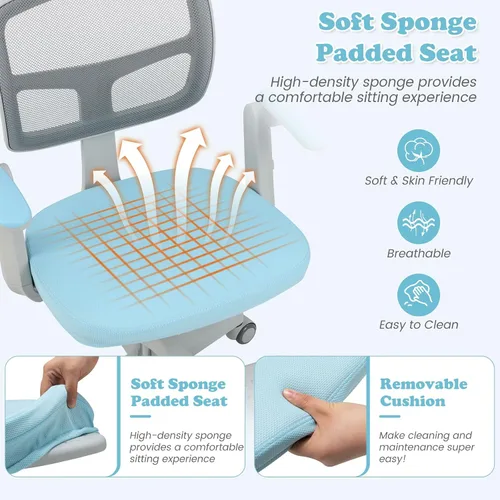 Vista 7 de Giantex Silla de escritorio para niños, silla rodante ergonómica ajustable con reposapiés y apoyabrazos abatibles, silla de oficina para niños