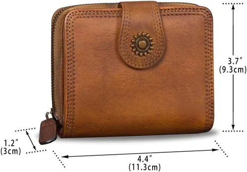 Vista 4 de Billeteras de cuero plegables para mujer, estilo vintage, hechas a mano, pequeño, con cremallera, Marrón, Billetera plegable