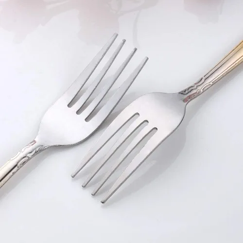Vista 5 de Juego de tenedores de cocina de acero inoxidable, 12 piezas, tenedores de acero inoxidable de 7.3 pulgadas, cubiertos clásicos, utensilios de Dorado