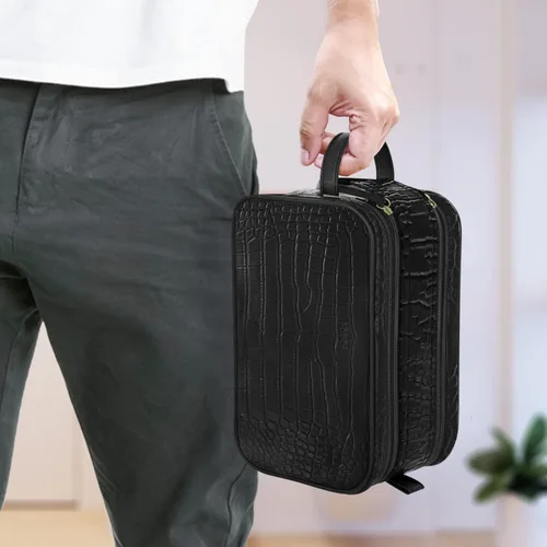 Vista 6 de Dot&Dot Neceser de cuero para hombres y mujeres – Espaciosas bolsas de artículos de tocador de viaje para mujer (cocodrilo negro)