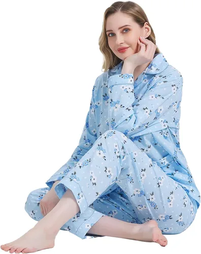 Vista 6 de Amaxer Conjunto de pijama 100% algodón para mujer, de manga larga, suave, con botones, con cordón elástico