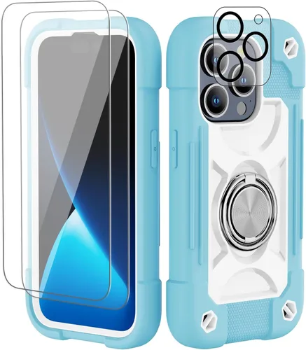 Vista 56 de Funda para iPhone 11 de 6.1 pulgadas con soporte de anillo, con 2 protectores de pantalla de vidrio, resistente a los golpes, resistente a