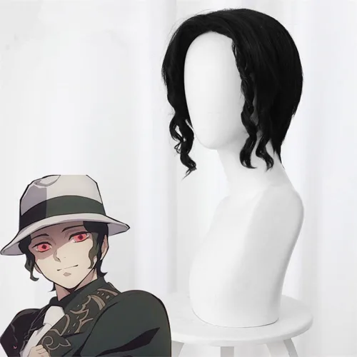 Vista 3 de Kibutsuji Muzan - Peluca de cosplay para anime de Halloween, peluca rizada negra con gorra de peluca gratis..