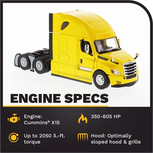 Vista 3 de Freightliner Cascadia SBFA Tándem a escala 1:50 con durmiente de 72" - Amarillo - Serie Transport Modelo coleccionable fundido a presión a escala