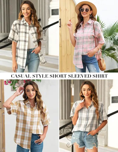 Vista 7 de Camisas de manga corta a cuadros para mujer, camisa con botones, blusa casual de verano