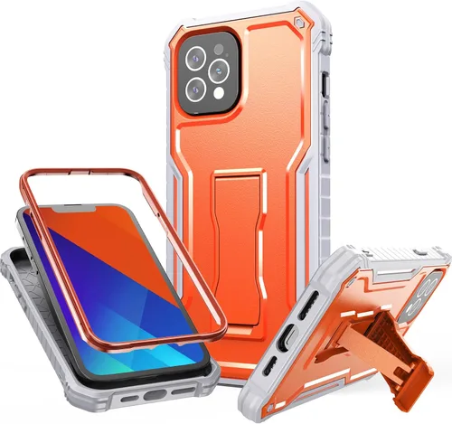 Vista 12 de FITO Funda para Apple iPhone 13, doble capa a prueba de golpes resistente con protector de pantalla de vidrio templado y soporte integrado (verde)