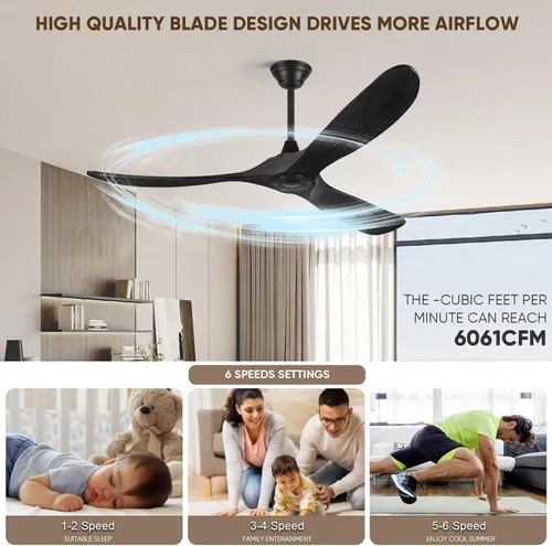 Vista 5 de Ventilador de techo negro sin luz, 52 pulgadas, moderno, para interiores y exteriores, 3 aspas, a prueba de humedad, ventilador de techo de madera