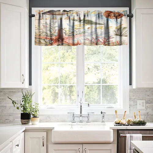 Vista 3 de Cenefas de cocina con estrellas de mar, cortinas de nivel para ventanas de cocina, cortinas de café con estrellas de mar, cortinas pequeñas