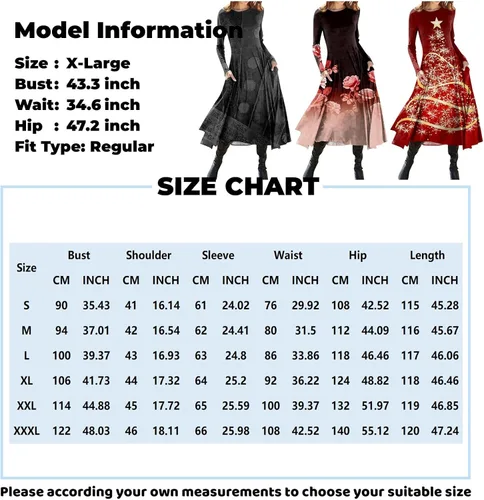 Vista 5 de Vestidos de Navidad para mujer, manga larga, copos de nieve, vestido de fiesta de Navidad, bolsillos irregulares, cuello redondo, vestidos sexys