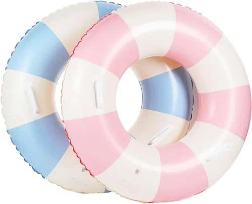 Vista 21 de Flotadores inflables de piscina para adultos, paquete de 2 flotadores a rayas, tubos de piscina, anillos de natación con asas, flotador inflable