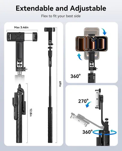 Vista 3 de ORICO Trípode de teléfono de 69 pulgadas, trípode para selfie stick para iPhone con control remoto inalámbrico, soporte giratorio de 360°
