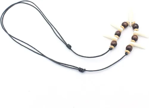 Vista 2 de Collar tribal de acrílico con dientes de lobo estilo étnico, hecho a mano, piedra de madera, resina rizada, diente de lobo ajustable, collar